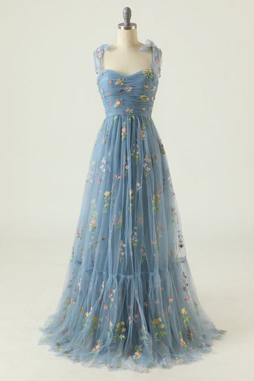Grey Blue Long Ball Dress With Embroidery